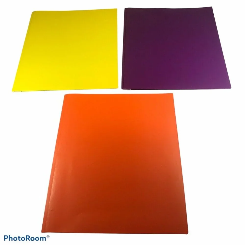 Lot Of 3 Pen And Gear Paper Stock 2 Pocket Folders 1 Purple 1 Yellow 1 Orange